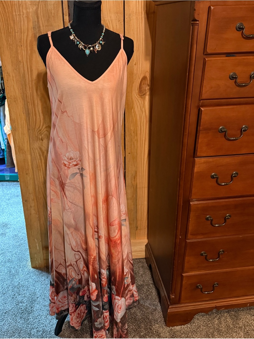 Peach Floral Maxi Slip Dress with Adjustable Straps